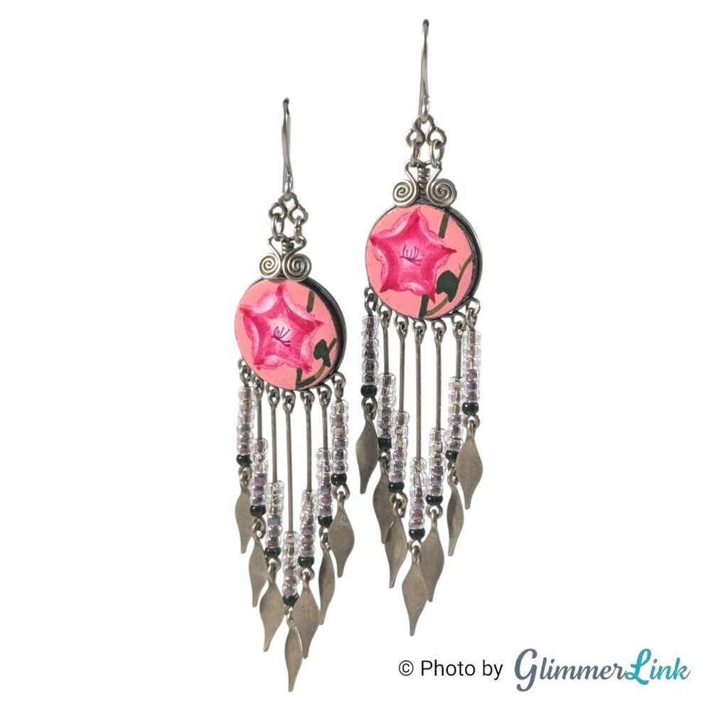Bohemian Artisan Pink Flower Fringe Silver Tone Dangle Pierced Earrings